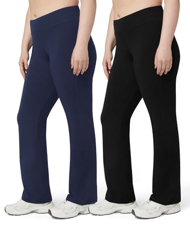 No nonsense Women's Lounge Yoga Pants Black Flared Cotton Leggings, 32.5” Inseam, Wide Waistband, No Show Coverage, Relaxed Flare Leg, Black/Navy - 2 Pair Pack, Large | Amazon (US)