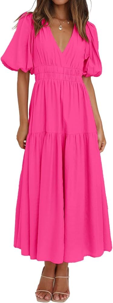 ISZPLUSH Women’s Midi Dress Sexy Deep V Neck Puffy Short Sleeve High Waist Flowy Swing Summer B... | Amazon (US)