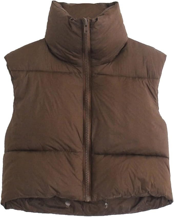 Women Crop Puffer Vest High Neck Zipper Lightweight Sleeveless Winter Warm Outerwear Padded Gilet | Amazon (US)