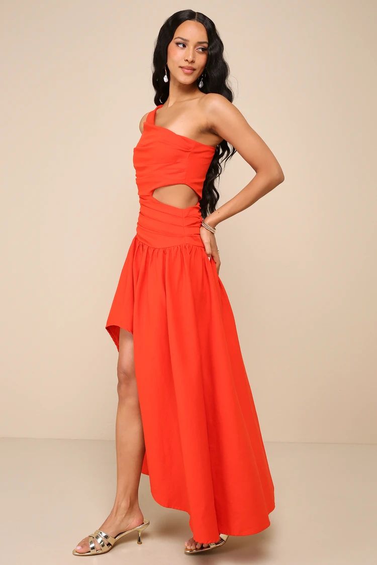 Sunny Persuasion Red Linen Cutout One-Shoulder Midi Dress | Lulus