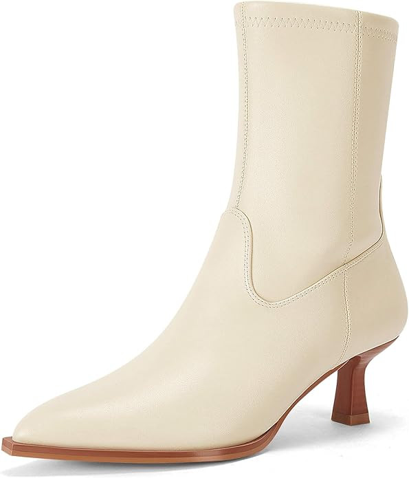 Coutgo Womens Pointed Toe Ankle Boots Stacked Kitten Low Heel Side Zipper Fall Booties Shoes | Amazon (US)