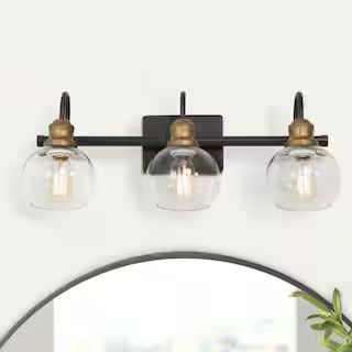 LNC 22 in. 3-Light Modern Aged Brass and Black Bathroom Vanity Light with Clear Glass Globe Shade... | The Home Depot