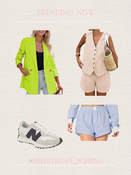 Trending now, spring trends, neon blazer, vest set, Amazon finds, new balance shoes, boxer shorts style, women’s fashion finds 

#LTKtravel #LTKSeasonal #LTKstyletip