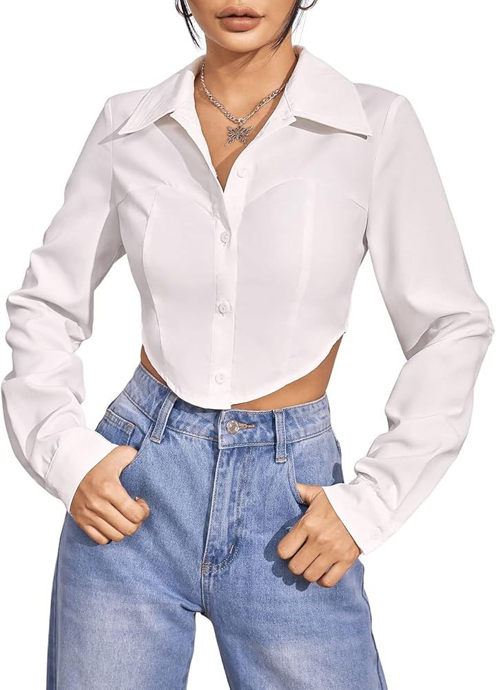 Verdusa Women's Asymmetrical Long Sleeve Button Down Shirt Crop Blouse Top | Amazon (US)
