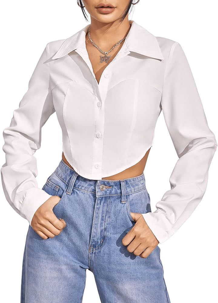 Verdusa Women's Asymmetrical Long Sleeve Button Down Shirt Crop Blouse Top | Amazon (US)