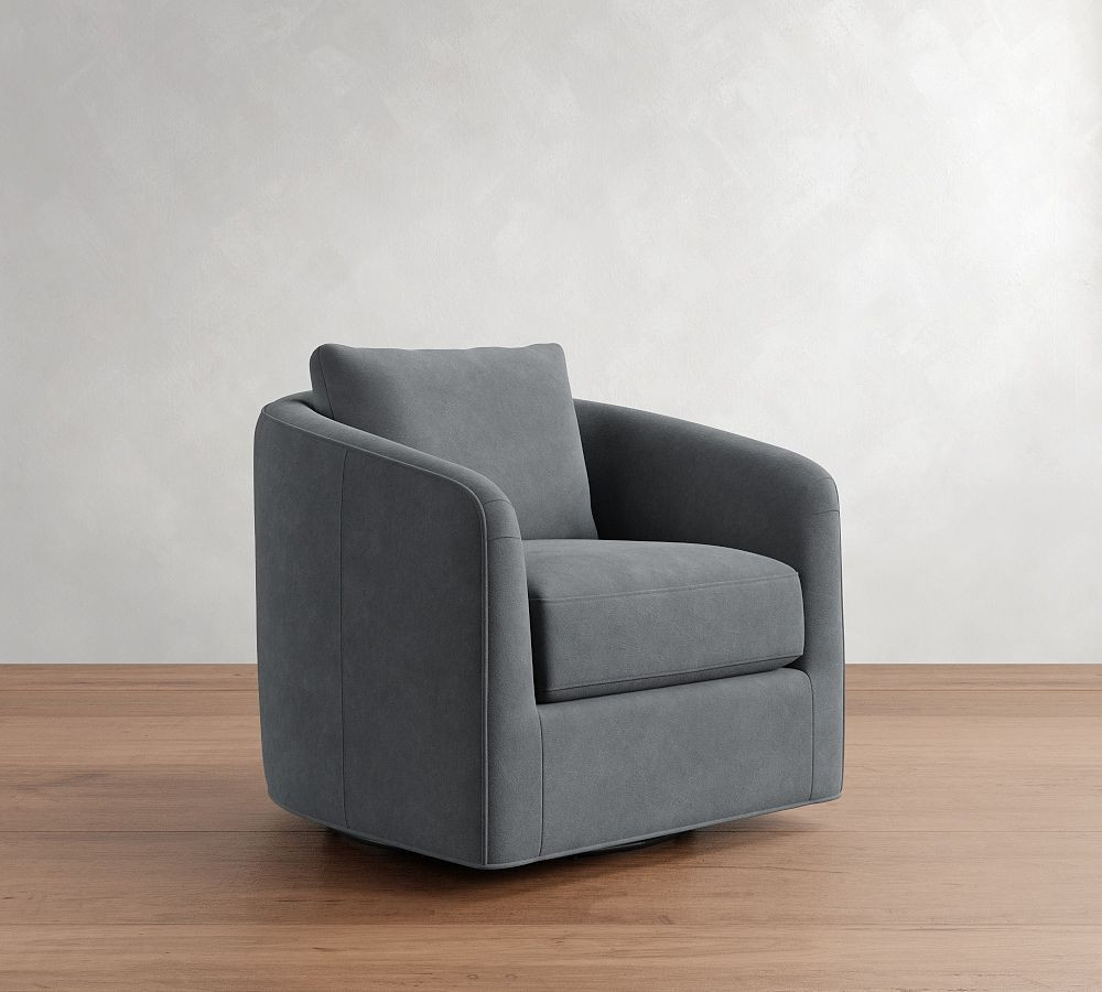 Remmy Leather Petite Swivel Armchair, Polyester Wrapped Cushions, Performance Faux Nubuck Steel Blue | Pottery Barn (US)