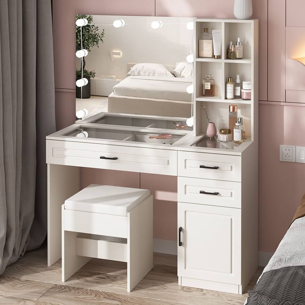 Fameill White Vanity Desk with Mirror and Lights,Glass Top Vanity Table with 3 Drawers and Cabine... | Amazon (US)