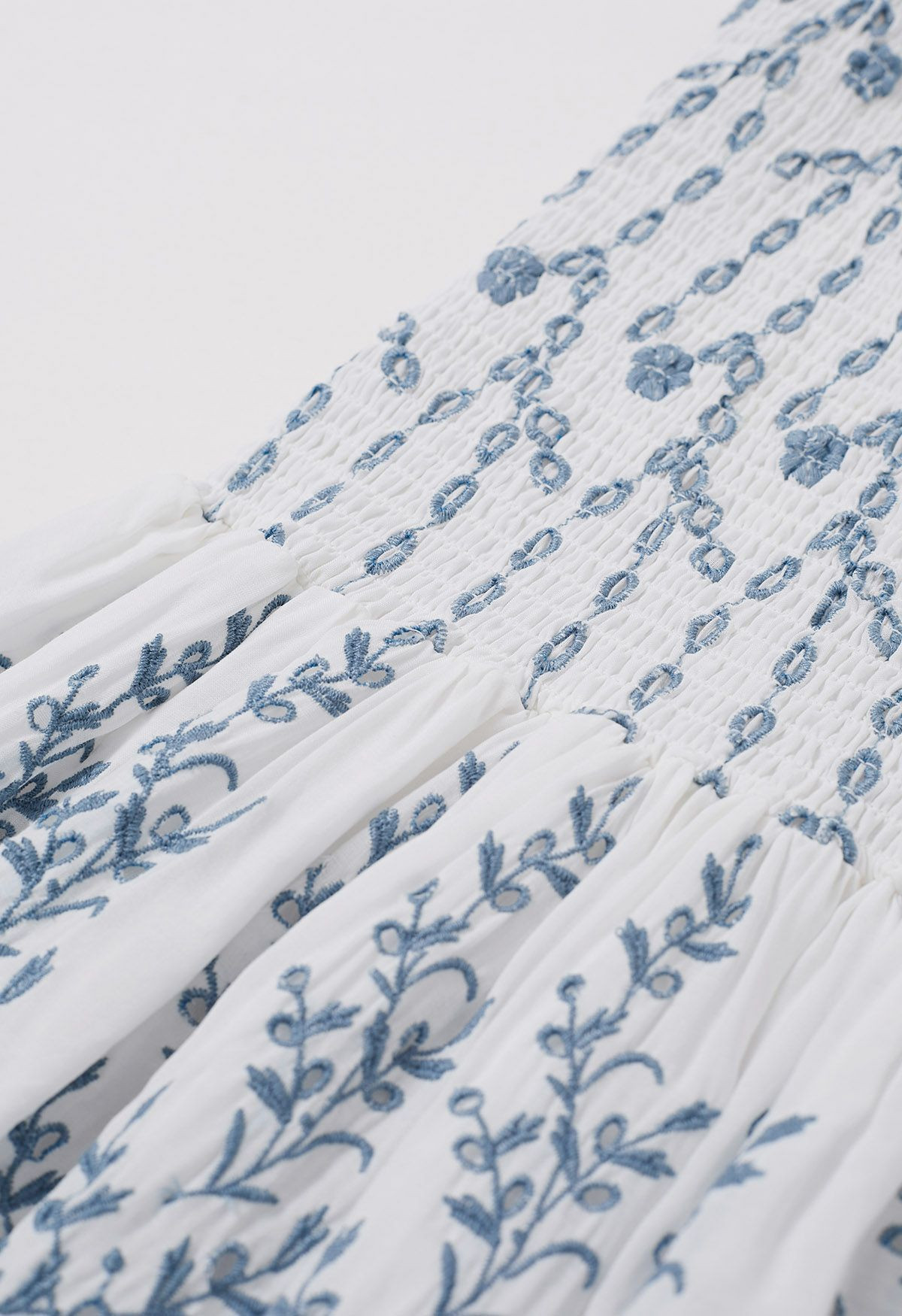 Floral Branch Embroidery Shirred Bodice Mini Dress | Chicwish