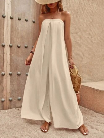 SHEIN LUNE Solid Wide Leg Tube Jumpsuit | SHEIN