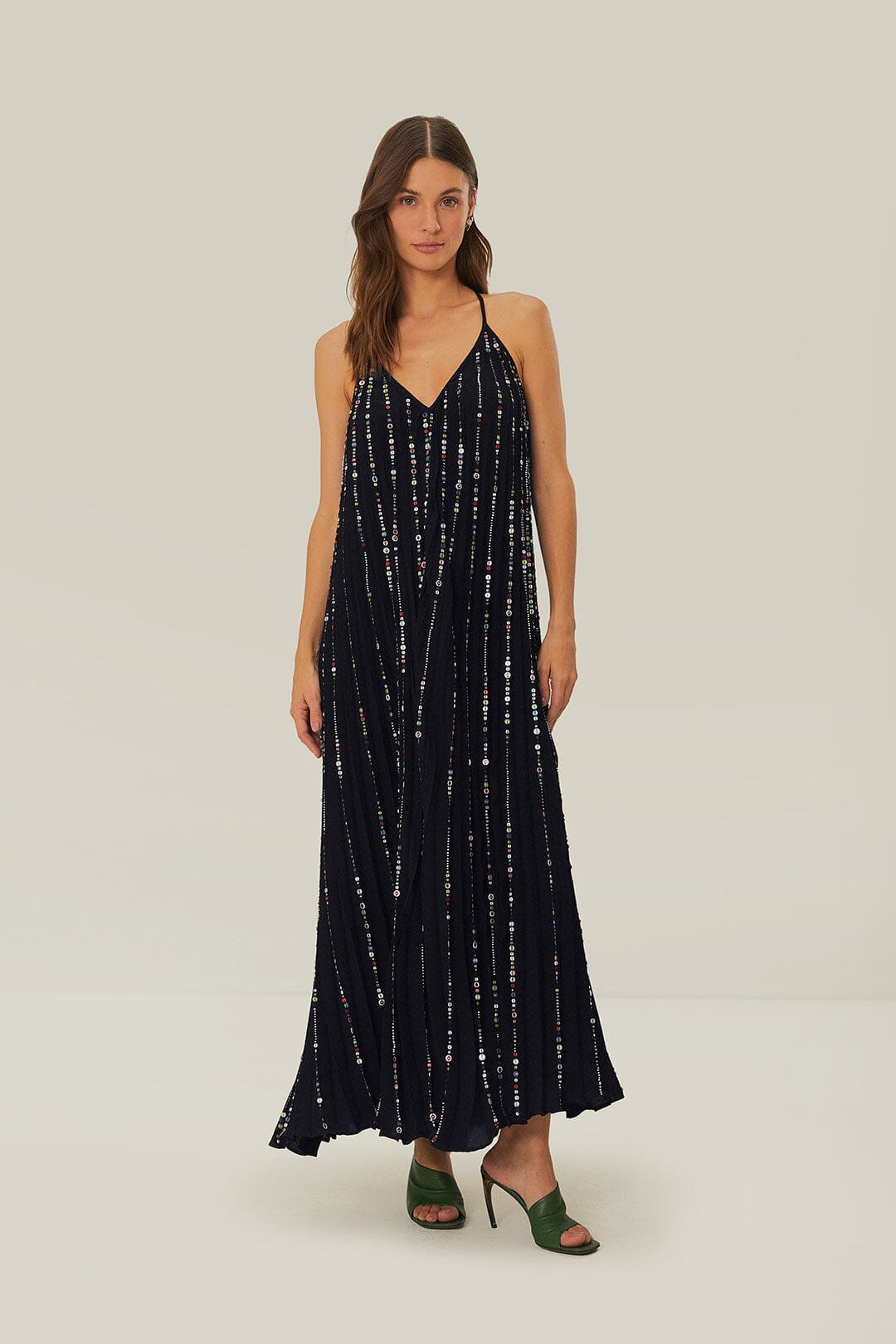 Black Embroidered Stones Pleated Midi Dress | FarmRio (US)