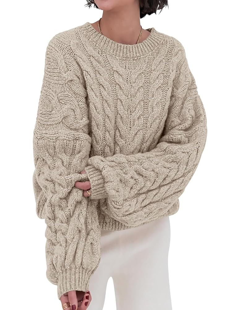 PRETTYGARDEN Womens Sweaters Fall 2025 Cable Knit Long Sleeve Crewneck Oversized Sweater Chunky P... | Amazon (US)