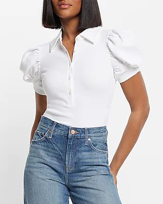 Fitted Pleated Puff Sleeve Polo Cropped Top | Express