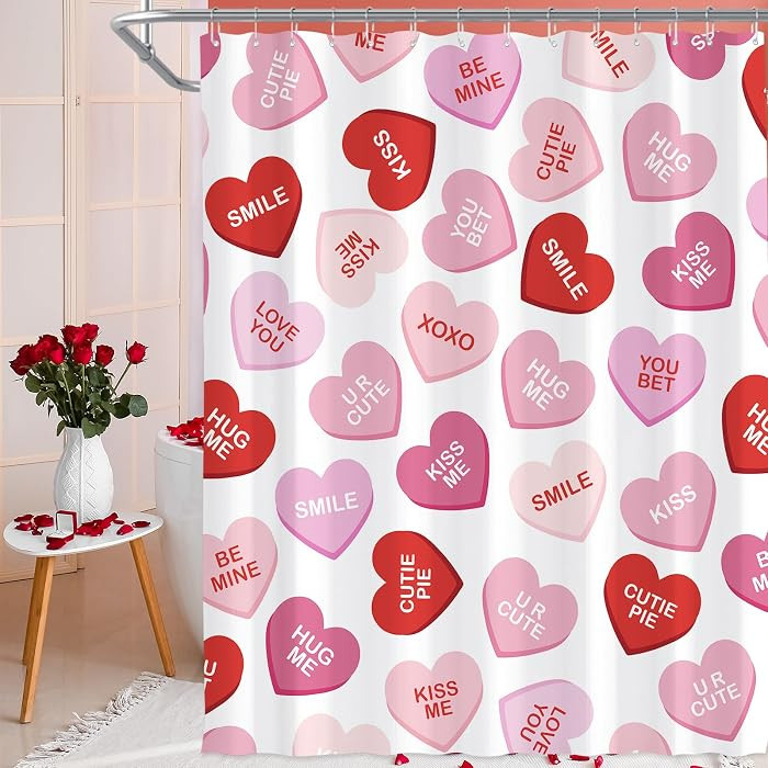 Valentines Shower Curtain, Pink Heart Valentines Shower Curtain for Bathroom, Waterproof Fabric C... | Amazon (US)