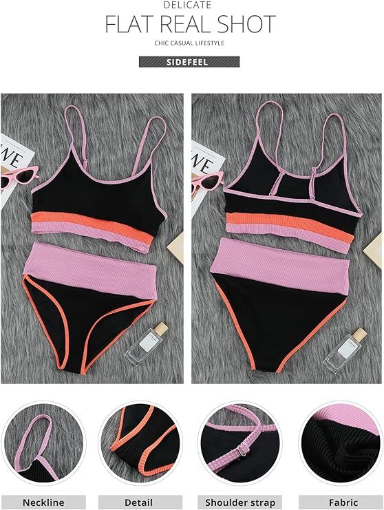 Sidefeel Women Striped Color Block Knit Ribbed High Waist Bikini Set 2 Piece Swimsuits | Amazon (US)