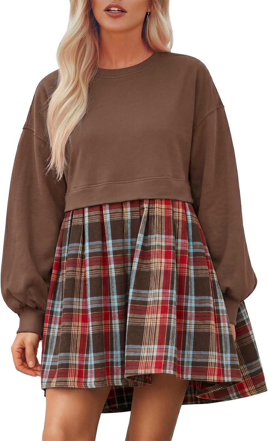 BLENCOT Womens Fall Dresses Plaid Patchwork Babydoll Long Sleeve Dress | Amazon (US)