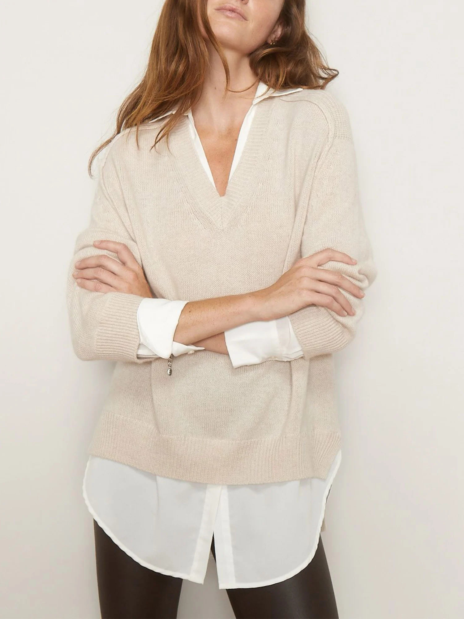 Brochu Walker | Women's V-neck Layered Pullover Sweater in Nude | Brochu Walker