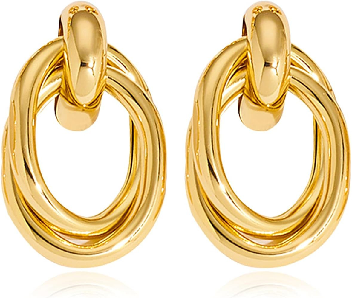 Chunky Gold Knot Earrings for Women - Geometric Dangle Drop Jewelry Big Long Twisted Link Stateme... | Amazon (US)