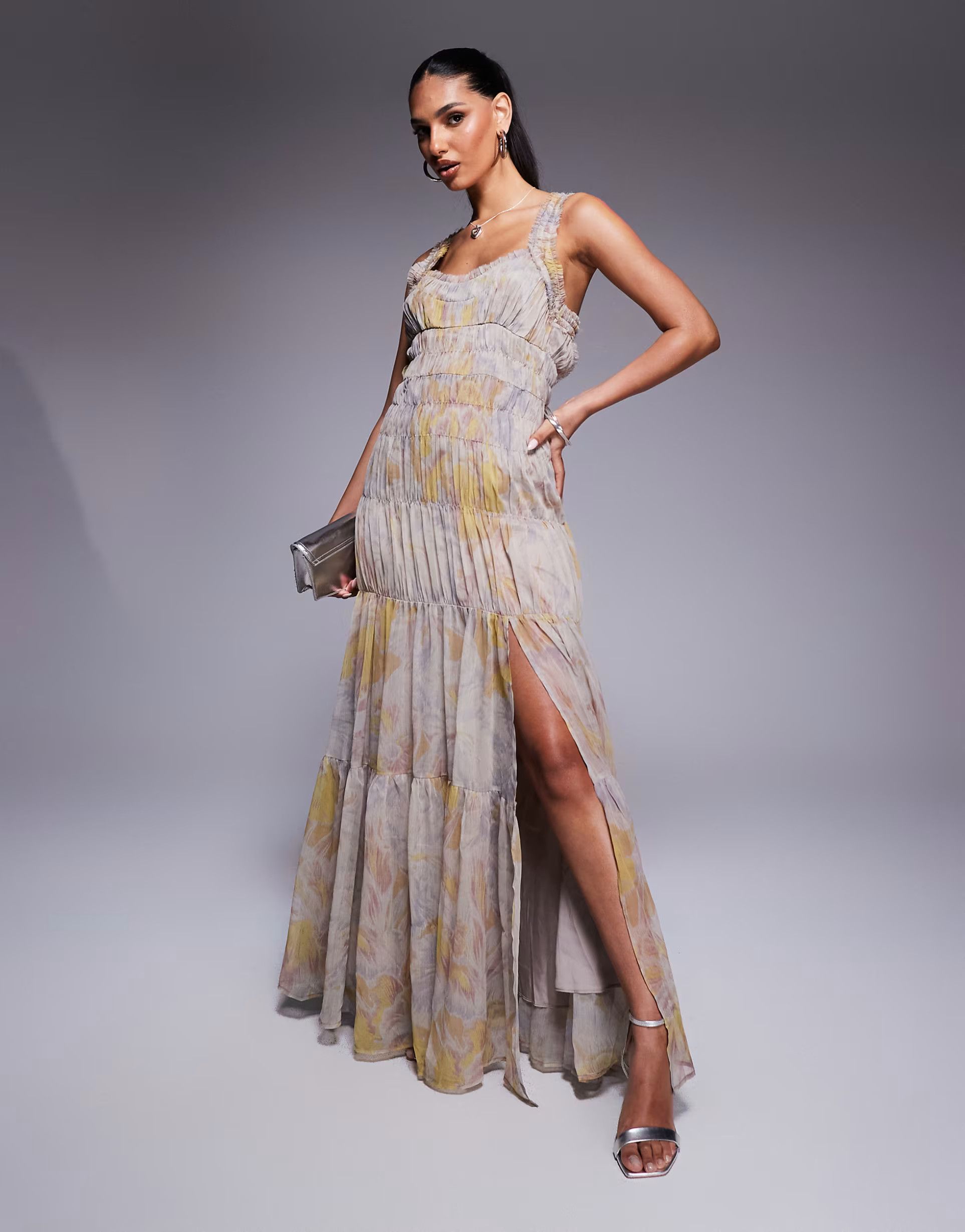 ASOS DESIGN shirred tiered ruffle trim maxi dress in floral print | ASOS (Global)