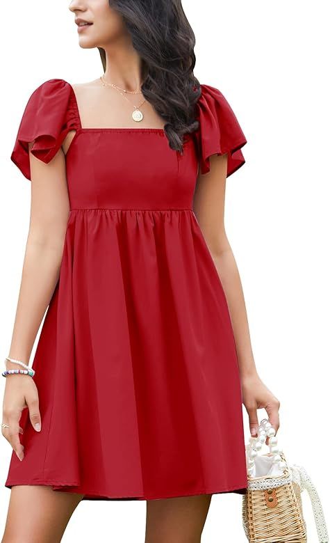 EXLURA Womens Summer Short Sleeve Square Neck Cap Sleeve Dress High Waist A-Line Casual Smocked B... | Amazon (US)