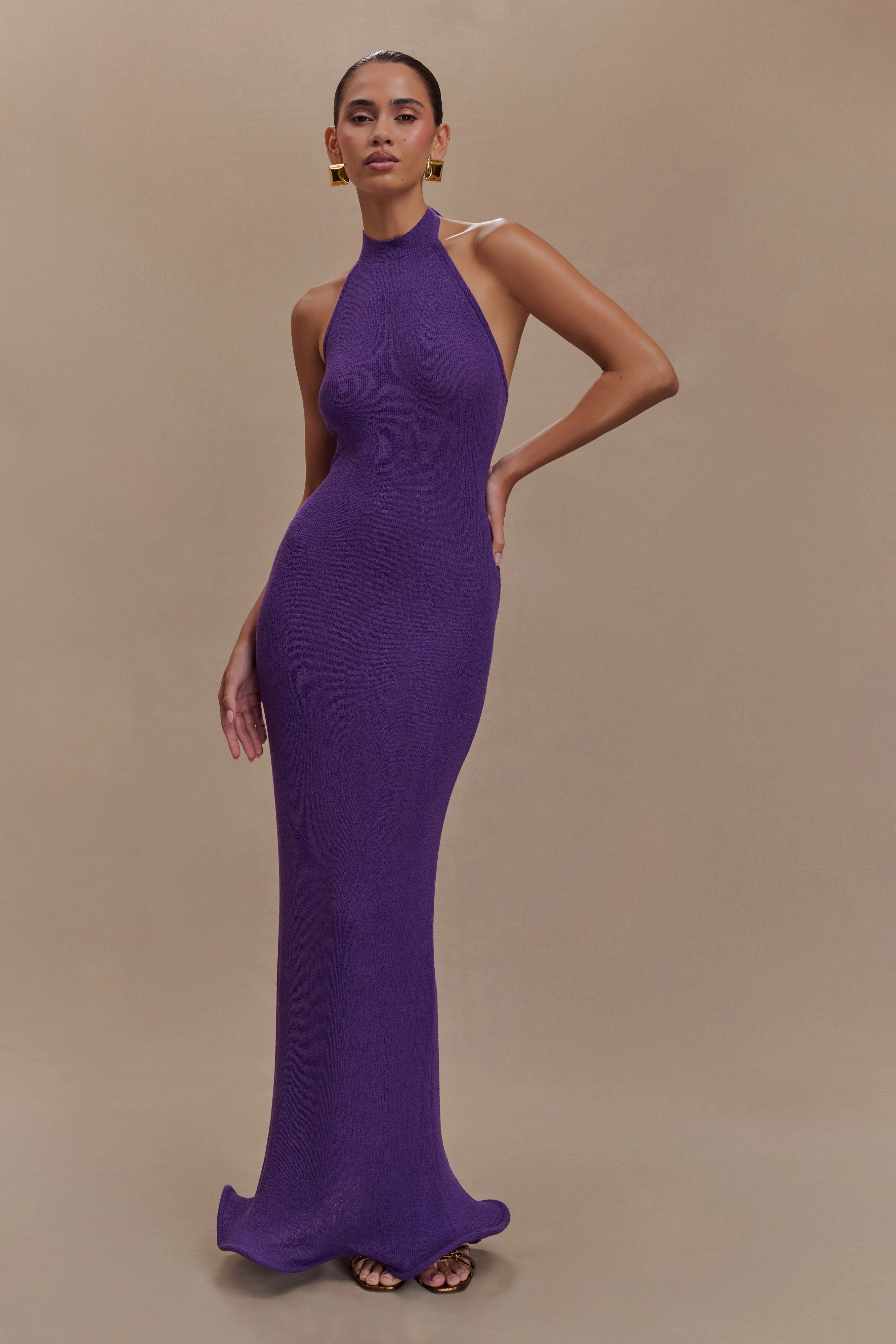 Melodie Halter Knit Maxi Dress - Purple | MESHKI US