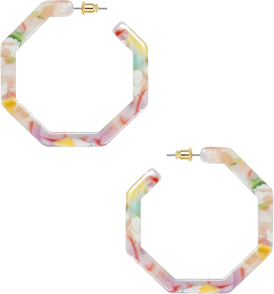 wowshow Acrylic Resin Hoop Earrings for Women Statement Fashion Geometric Octagon Earrings | Amazon (US)