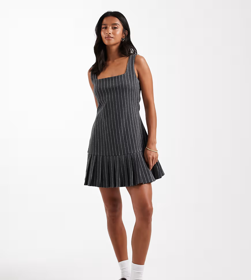 Miss Selfridge petite pinstripe pinny dress with drop waist pleated hem-Grey | ASOS (Global)