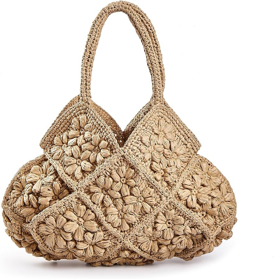 Floral Beach Bags for Women Straw Tote Bag Raffia Shoulder Handbags Summer Hobo Purse for Vacatio | Amazon (US)