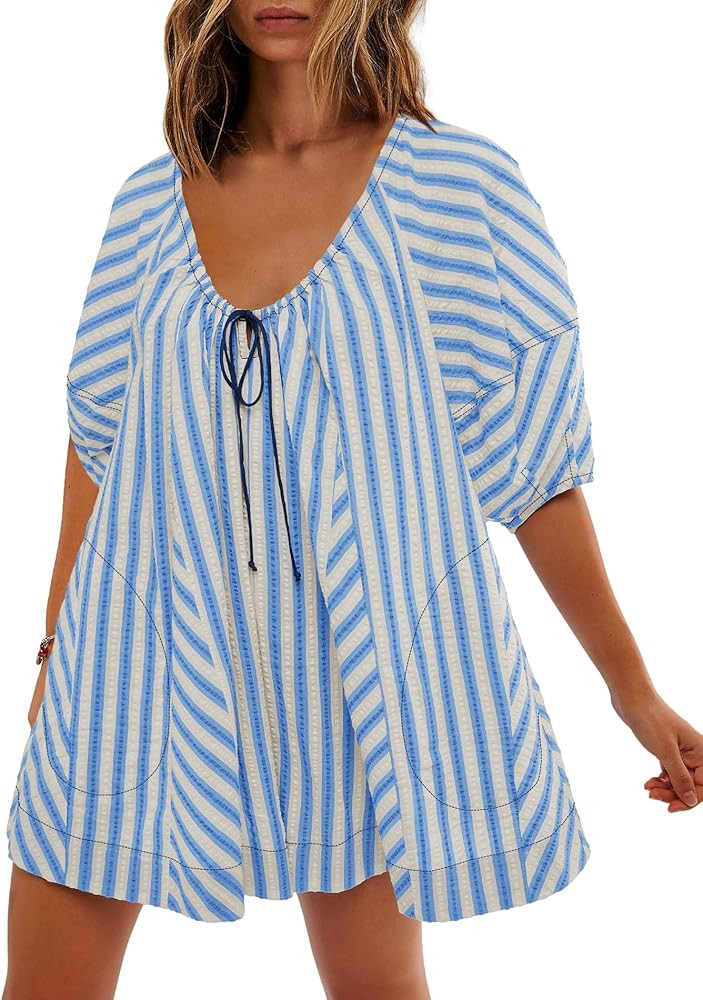 SENSERISE Womens Striped Romper Puff Sleeve Mini Shorts Romper Dress Beach Vacation Outfits with ... | Amazon (US)