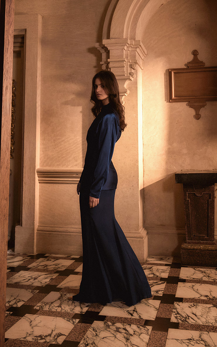 PLT Label Navy Chiffon Fishtail Skirt Maxi Dress | Dresses | PrettyLittleThing US