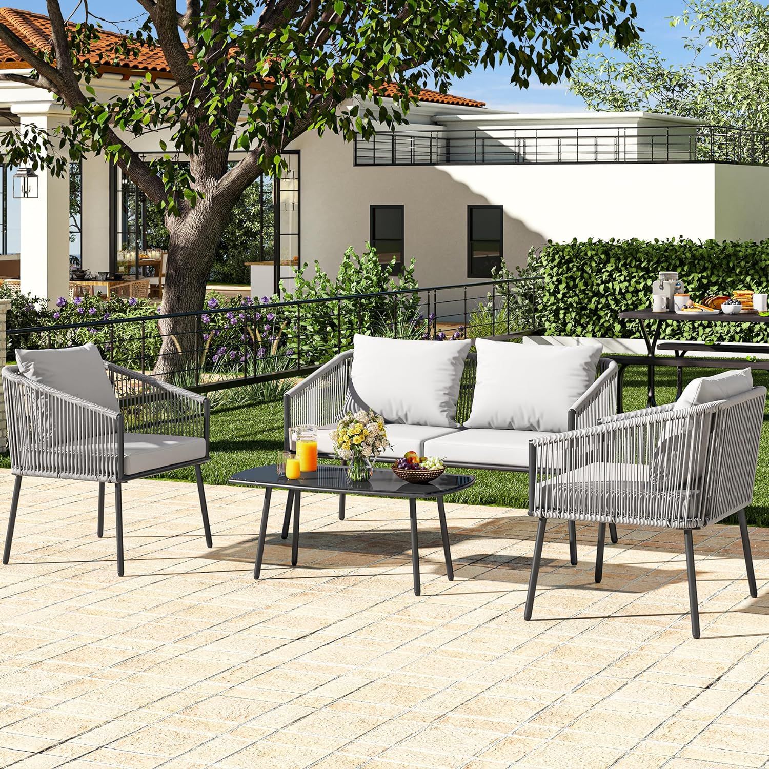 YITAHOME 4-Piece Outdoor Furniture Set, All Weather Double Gray Rope Patio Conversation Furniture... | Amazon (US)