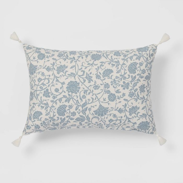 Floral Printed Reversible Lumbar Throw Pillow Blue/Cream - Threshold&#8482; | Target