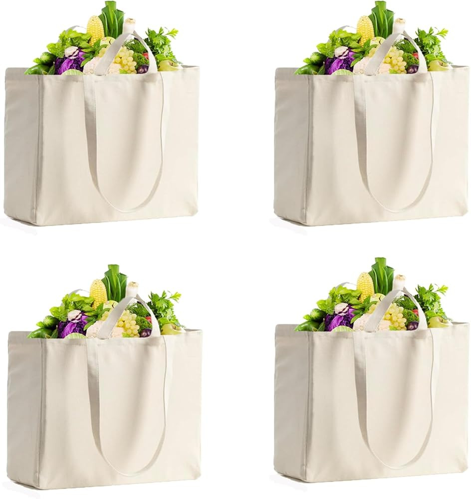 Large Canvas Grocery Bags 4 Pack Reusable Grocery Bag Heavy Duty Tote Shopping Bags Dual Handles,... | Amazon (US)