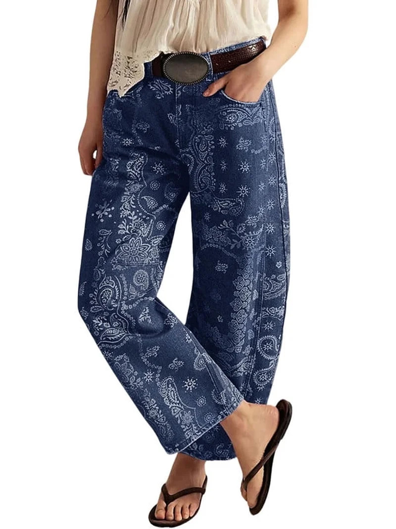 sicmoss Women Y2K Mid Rise Blue Barrel Denim Jeans Vintage Bandana Paisley Pattern Casual Loose F... | Walmart (US)