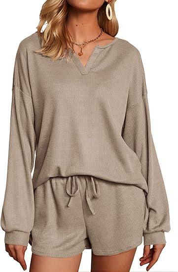 Ekouaer Womens Waffle Knit Pajamas Lounge Set Long Sleeve Top and Shorts 2 Piece Loungewear with ... | Amazon (US)