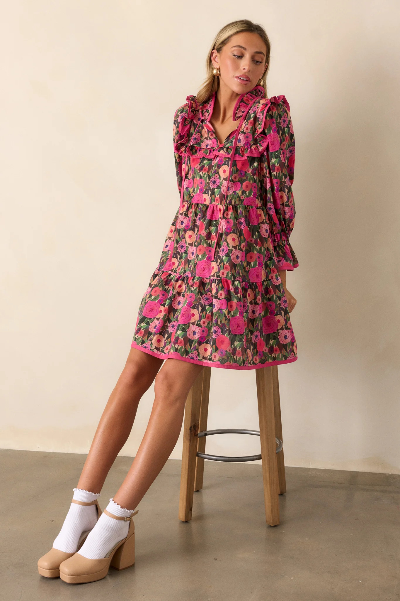 Silken Breeze 100% Cotton Pink Floral Mini Dress | Red Dress