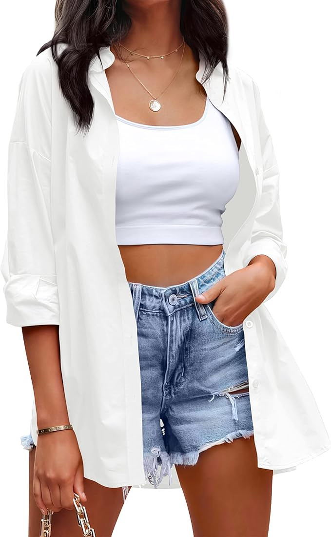 OMSJ Womens Dressy Button Down Shirts Casual Long Sleeve V Neck Candy Color Blouse Loose Fit Tops | Amazon (US)