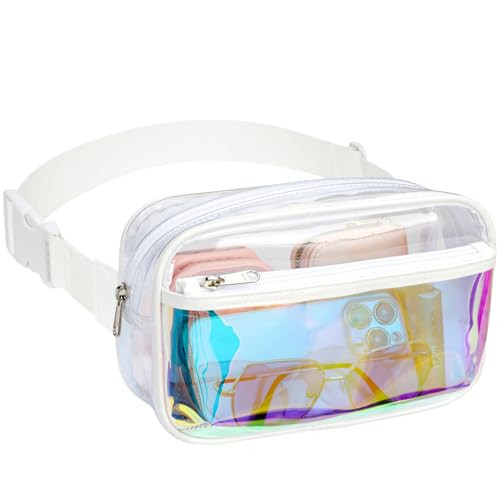 Veckle Holographic Fanny Pack for Women - Plus Size 35-51 Inch Iridescent Clear Belt Bag, Adjustable Crossbody Waist Bag for Concert, Festivals, Raves, Theme Parks, White | Amazon (US)