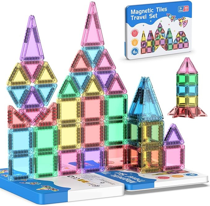 40PCS Mini Magnetic Tiles Travel Set, Portable STEM Building Blocks for Kids with Metal Storage B... | Amazon (US)