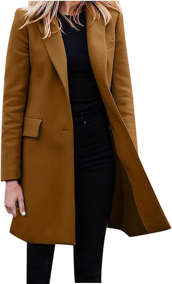 Trench Coats For Women Long Warm Faux Wool Long Jackets Winter Coats For Women Turndown Collar Lo... | Amazon (US)