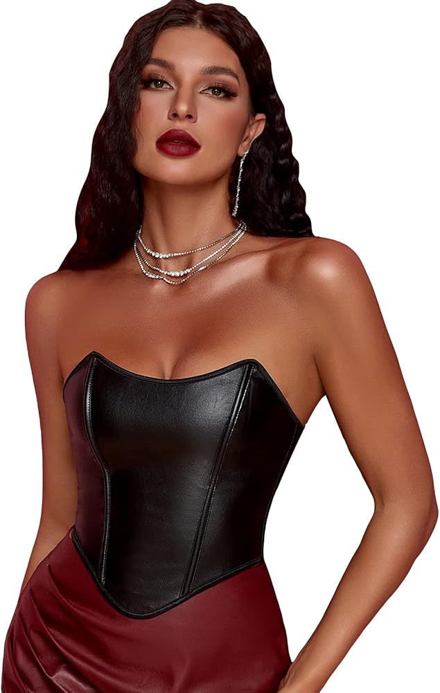SOLY HUX Women's PU Leather Overbust Corset Bandana Tube Tops Lace up Strapless Boned Body Shaper... | Amazon (US)