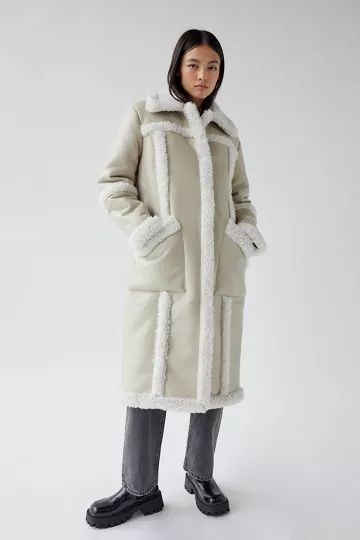 UO Willa Faux Leather Sherpa Longline Jacket | Urban Outfitters (US and RoW)