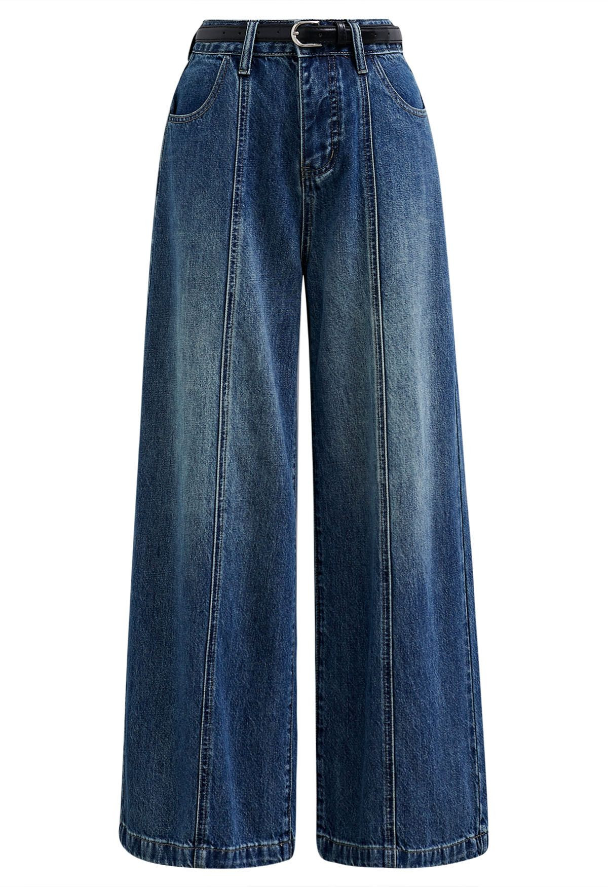 Iconic Silhouette Belted Palazzo Jeans in Blue | Chicwish