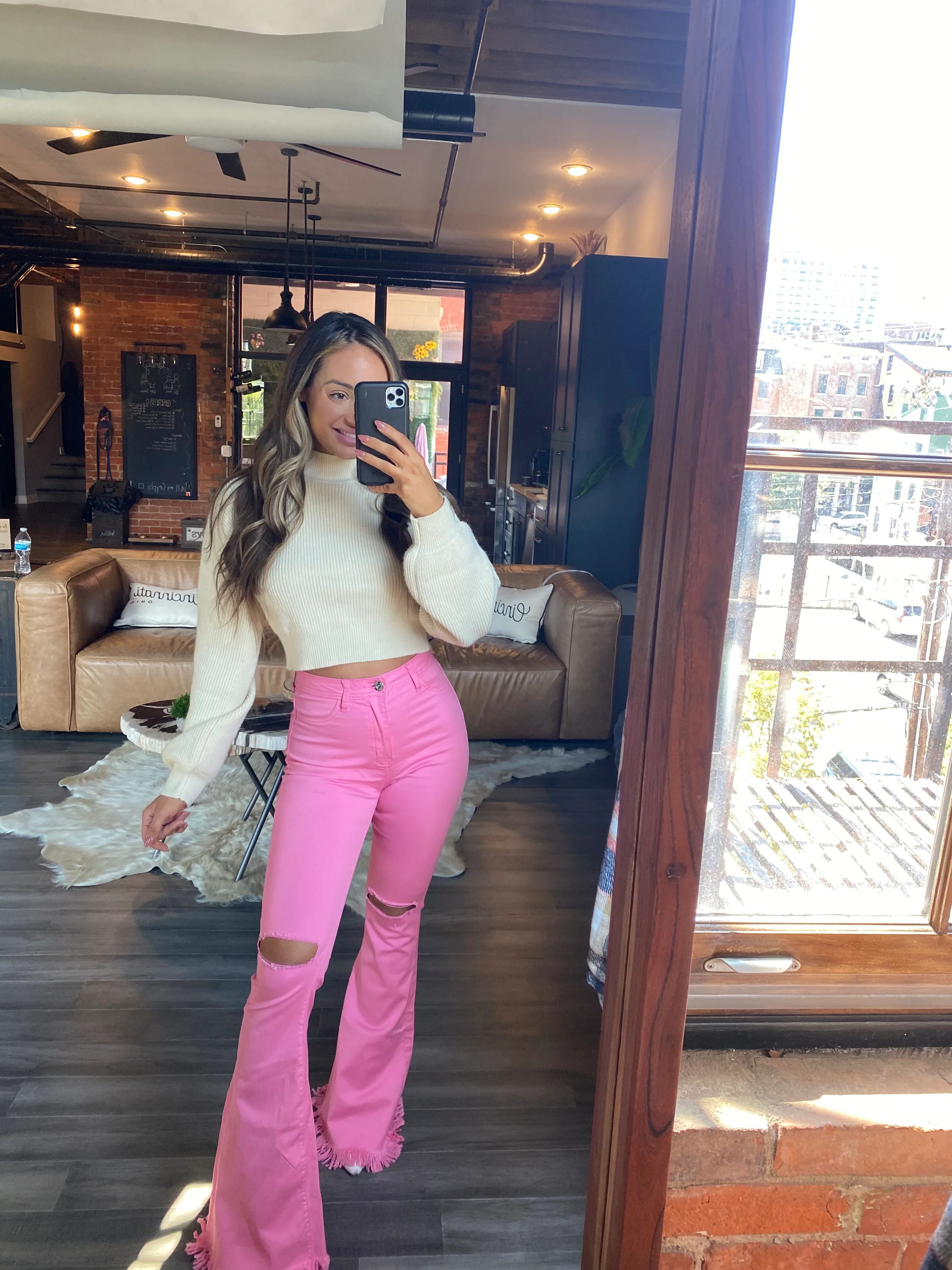 Farrah Distressed High Waisted Flares- Pink | Willow Boutique