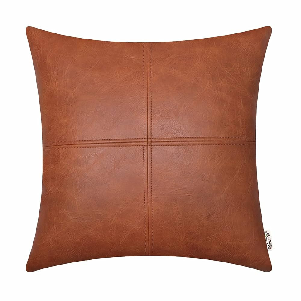 BRAWARM Faux Leather Throw Pillow Covers 22 X 22 Inches, Cognac Leather Pillow Cover, Hand Stitch... | Amazon (US)