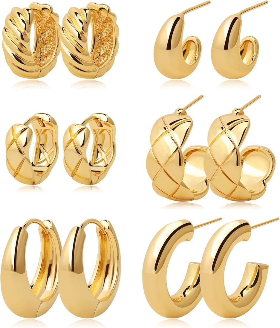 6 Pairs Gold Hoop Earrings Set 14k Gold Plated Huggie Earrings Hypoallergenic Chunky Thick Jewelr... | Amazon (US)
