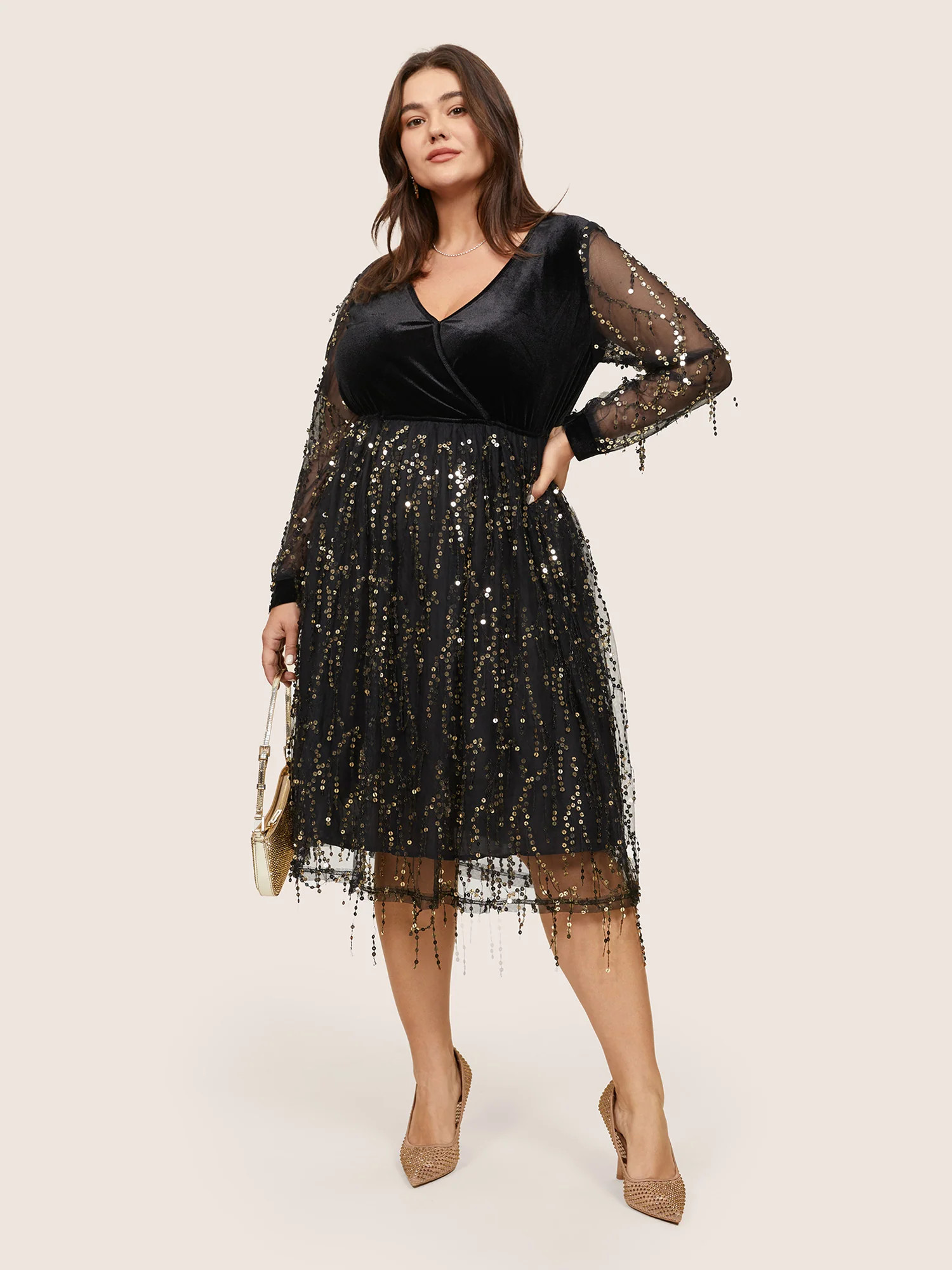 Velvet Sequin Tassels Mesh Surplice Neck Dress | Bloomchic