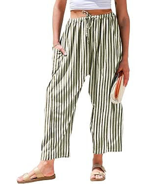 TARSE Womens Wide Leg Striped Linen Pants with Pocket | Amazon (US)
