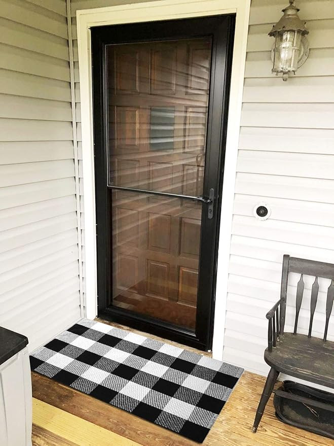 Ukeler Farmhouse Door Mat- Black and White Plaid Kitchen Rug 2'×4.3'- Machine Washable Buffalo C... | Amazon (US)