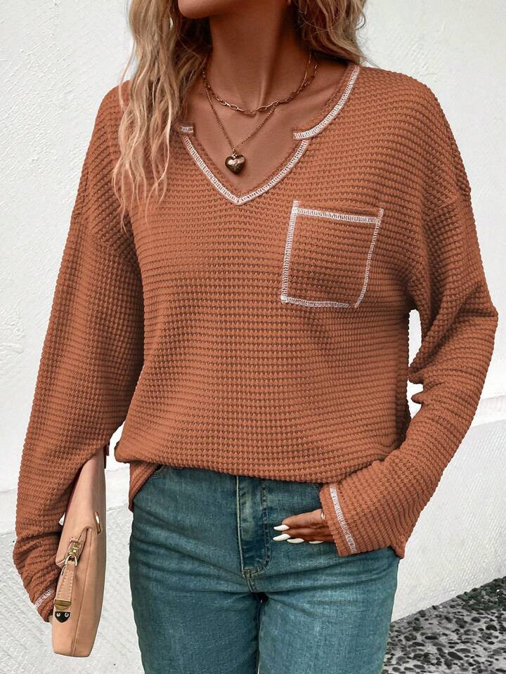 Notched Neck Pocket Patched Drop Shoulder Tee | SHEIN