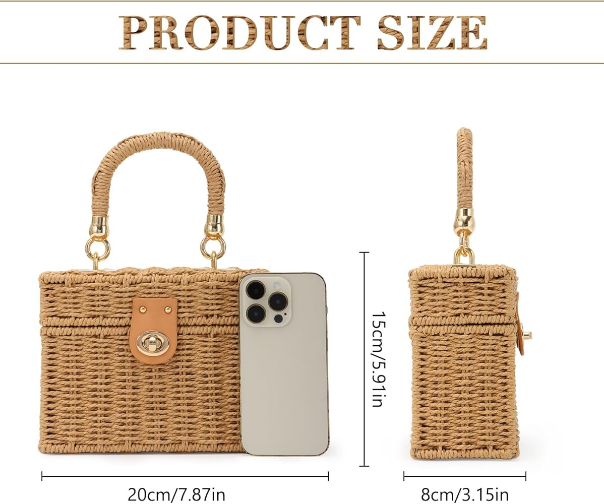 Fecialy Women Handwoven Rattan Handbag Beach Straw Tote Bag Square Boho Crossbody Bag | Amazon (US)